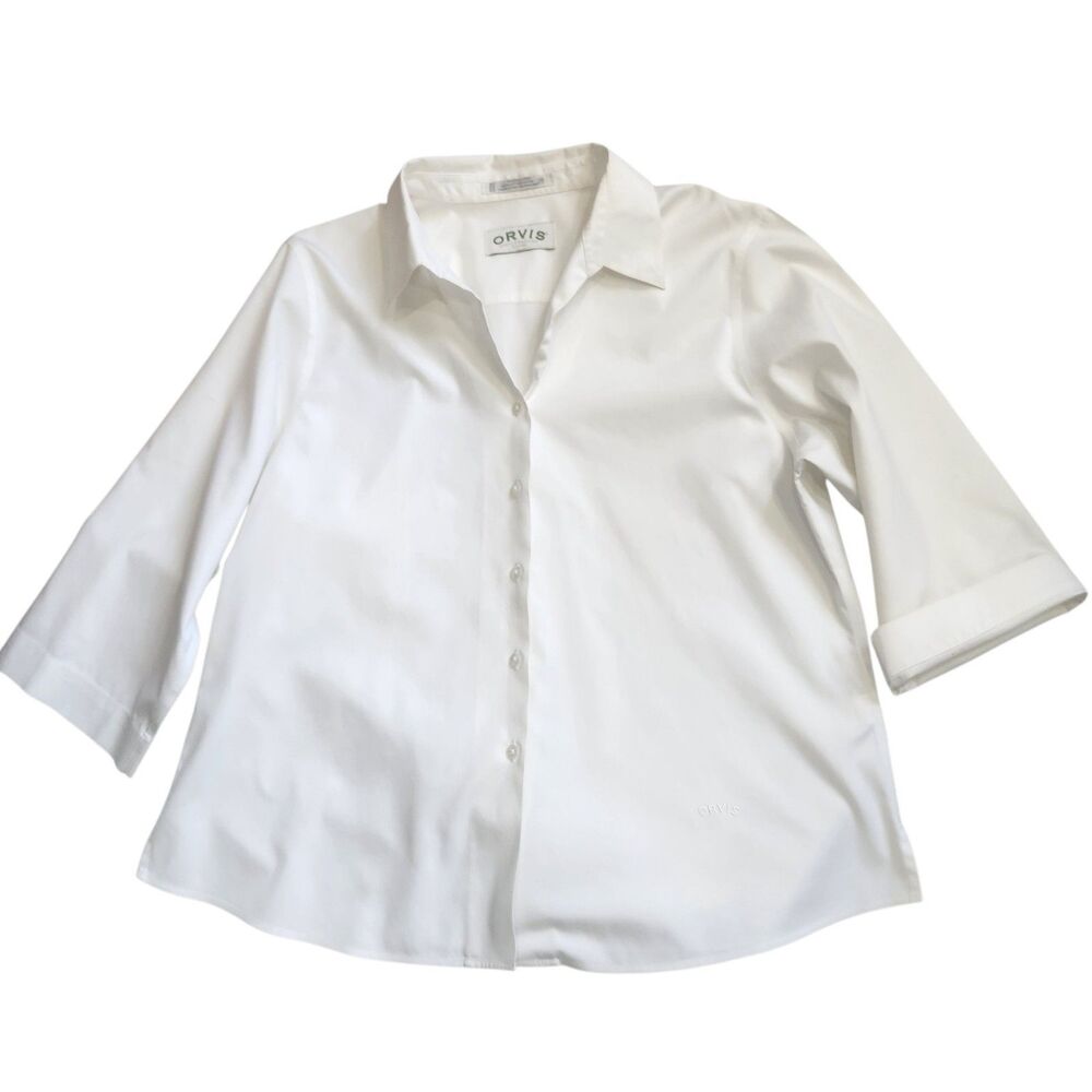 Orvis 18 White Wrinkle Free Cotton Blouse Button 3/4 V-Neck Quiet Luxury Coastal